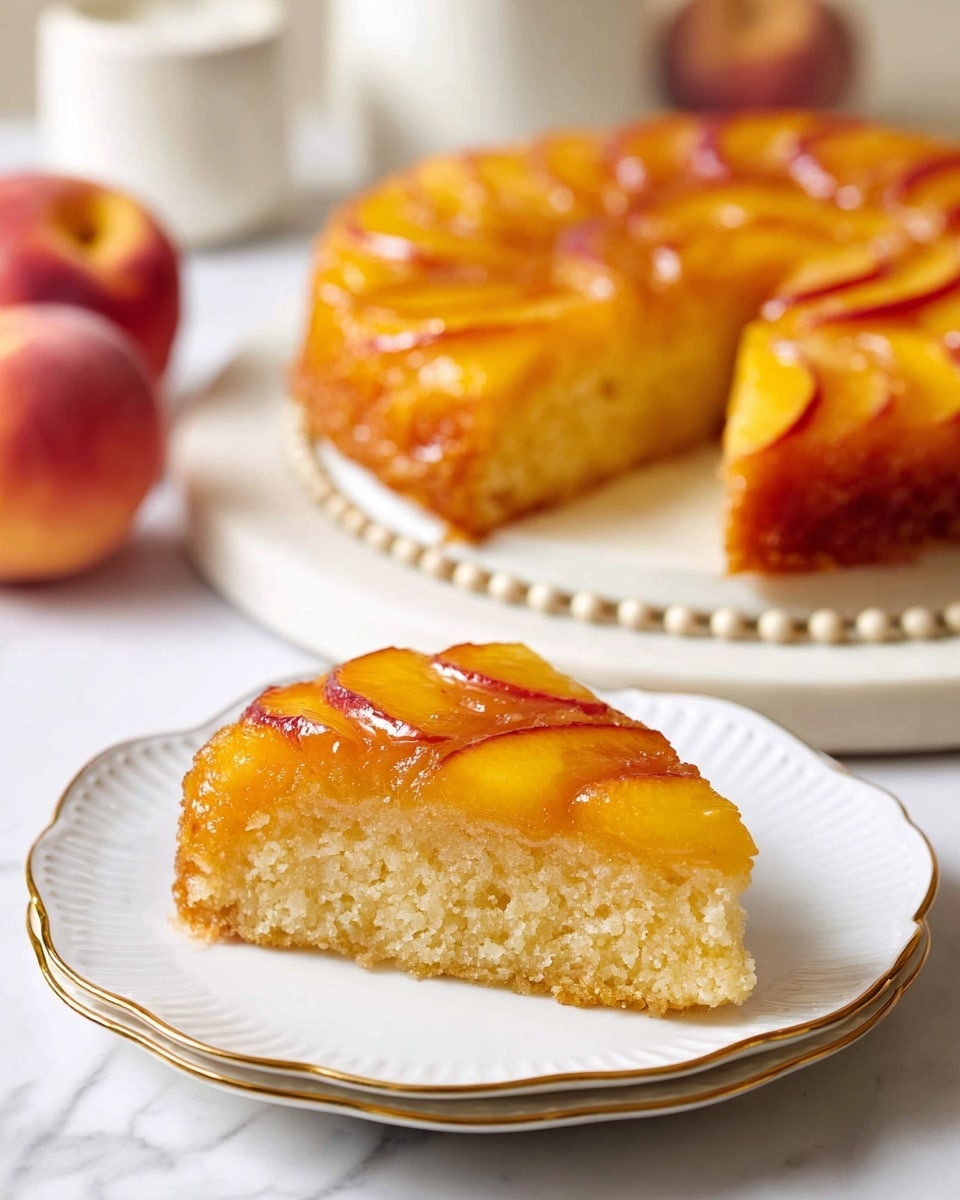 A single slice of peach upside-down cake sits on a white scalloped plate with a gold rim, showing two distinct layers: a soft, light brown cake base with a moist texture and a top layer of glossy, thin peach slices arranged closely in an overlapping pattern with yellow and reddish hues. Behind it, the remaining cake with the same peach topping is on a round white plate with small beads around the edge. Out of focus in the background, there are three whole peaches and some white containers on a white marbled surface. The warm colors of the peach contrast with the neutral tones of the setup photo taken with an iphone --ar 4:5 --v 7