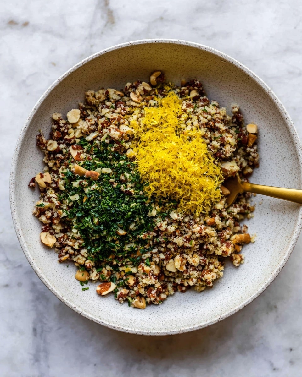 A white bowl holds a mixture of chopped nuts as the base layer, rough in texture with light and dark brown pieces. On top of the nuts, there are scattered finely chopped green herbs, adding a fresh color contrast. Sitting on the herbs is a small pile of bright yellow lemon zest, creating a vibrant focal point. A gold spoon rests partially inside the bowl on the right side, mixing into the nut blend. The bowl is placed on a white marbled surface. photo taken with an iphone --ar 4:5 --v 7