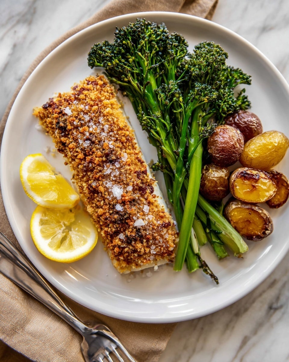 A white plate holds a food dish with three parts: on the left, a large piece of golden-brown nut-crusted fish with a crunchy texture is topped with white salt crystals; below the fish are two lemon wedges with bright yellow skin and juicy flesh; on the right side of the plate, there is a small bunch of vibrant green broccolini with charred tips, and next to it are several small roasted golden-brown potatoes with a slightly crispy surface. A silver fork rests along the left side of the plate on a soft brown napkin, all set on a white marbled surface. photo taken with an iphone --ar 4:5 --v 7