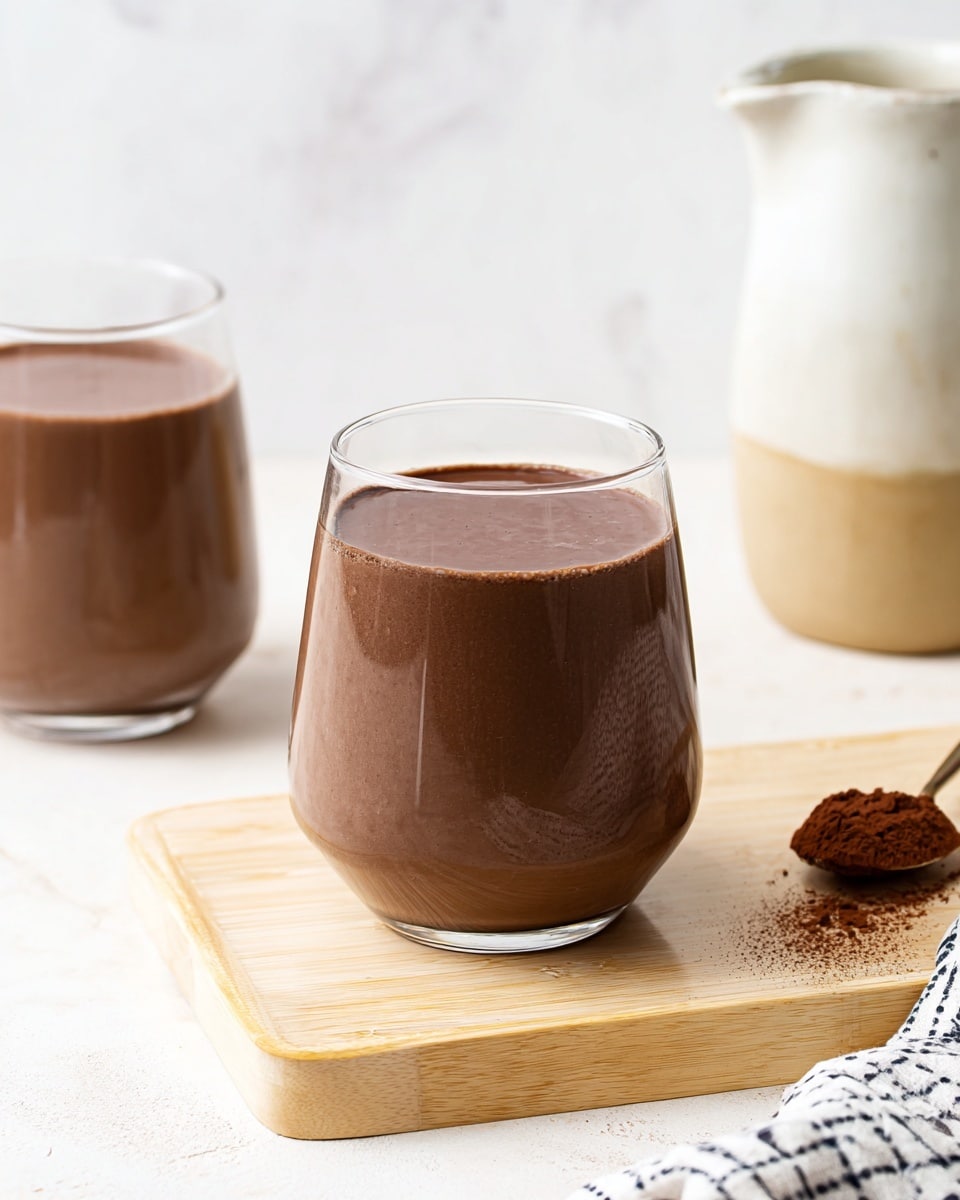 A smooth, thick chocolate drink fills a clear glass, showing its rich dark brown color with a slightly glossy surface. The drink sits on a light wooden tray, with a clean white marbled background behind it. Another glass with the same chocolate drink sits blurred in the background on the left side. On the right, a white ceramic jug with a beige base, a black and white cloth, and some scattered cocoa powder with a spoonful of cocoa add subtle detail to the scene. The overall look is simple and clean, focused on the creamy chocolate drink, photo taken with an iphone --ar 4:5 --v 7
