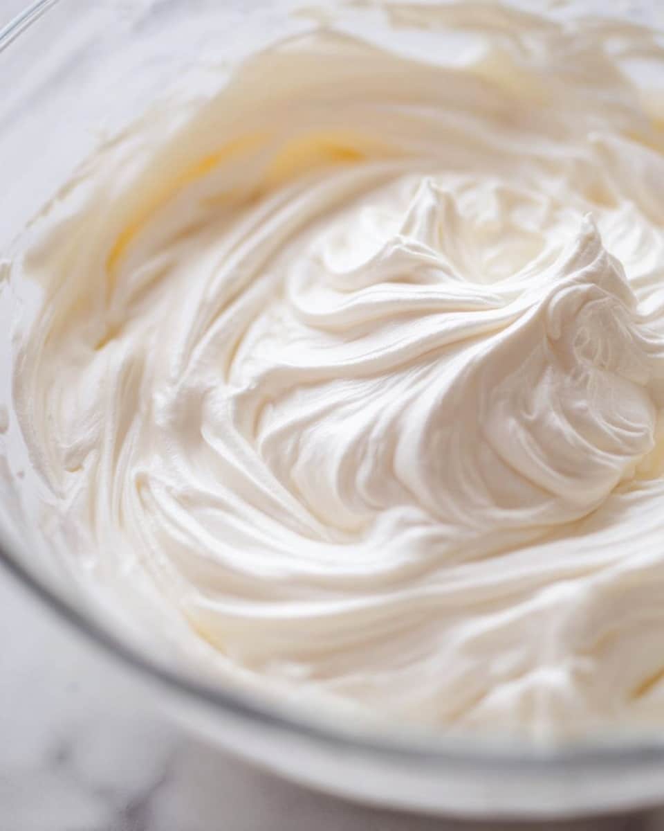 A close-up view of a thick white creamy mixture with smooth soft peaks swirling gently in a clear round bowl, placed on a white marbled surface. The texture looks fluffy and airy with soft folds and gentle waves, showing the light reflecting softly on the mixture's surface. The bowl edges slightly blur in the background, focusing on the whipped smooth cream with a clean, fresh look photo taken with an iphone --ar 4:5 --v 7