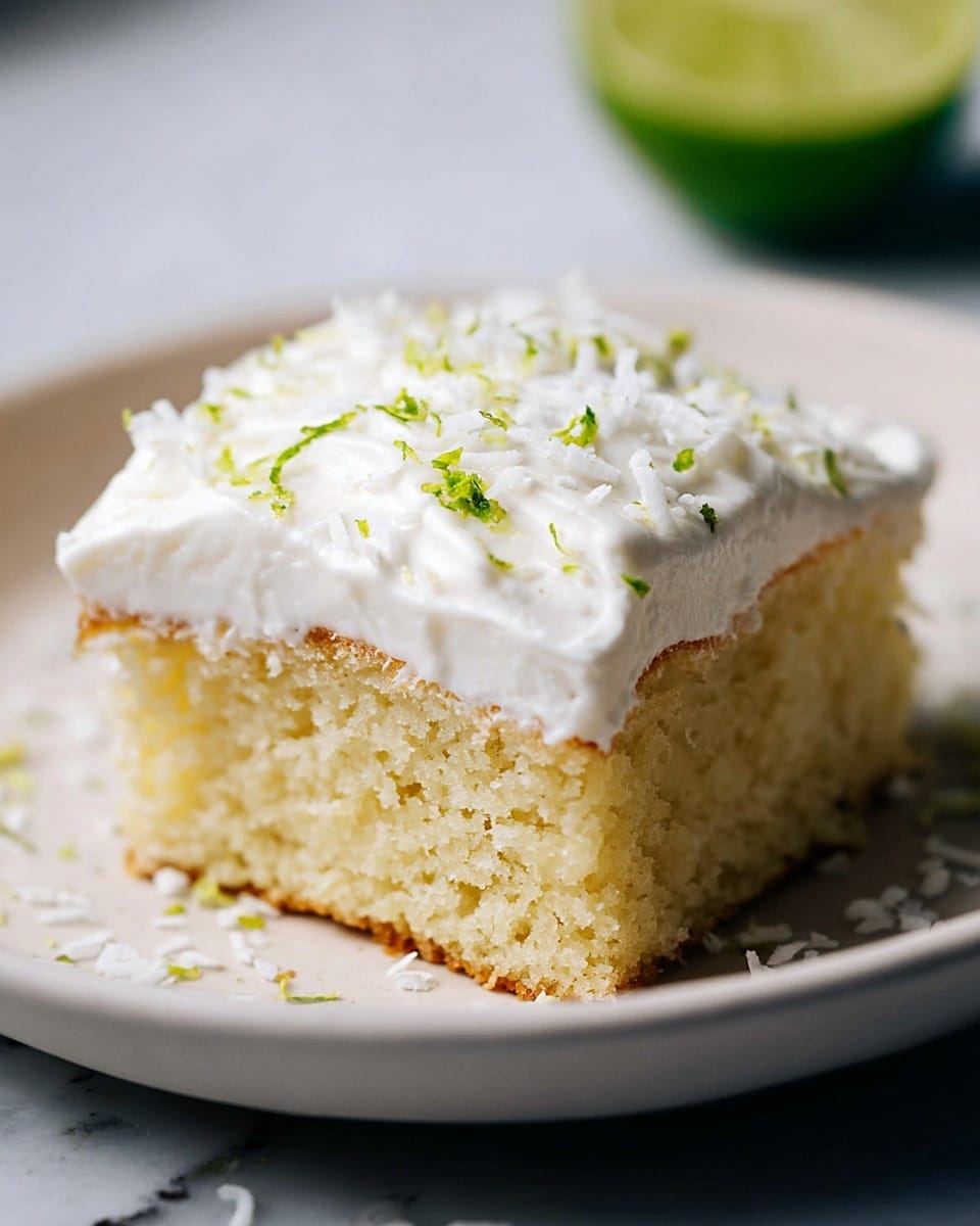 A close-up image of a single square piece of cake on a white plate, placed on a white marbled surface. The cake has two layers: the bottom is a light yellow, moist-looking sponge layer with a soft crumb texture, and the top layer is a thick spread of smooth white frosting with a slightly whipped texture. The frosting is topped with small green zest sprinkles and white coconut flakes scattered on both the frosting and plate. In the background, there is a blurred half of a lime. Photo taken with an iphone --ar 4:5 --v 7
