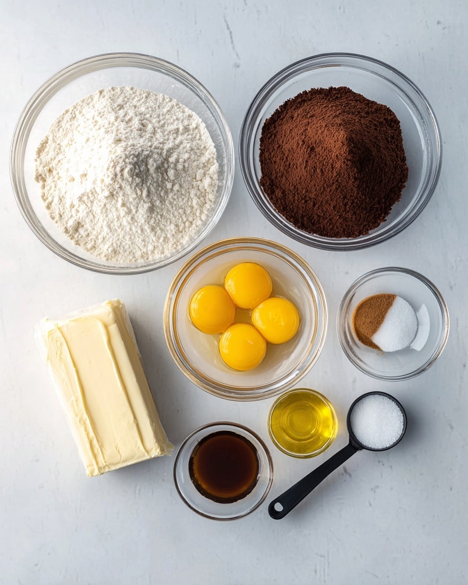 The image shows a white marbled surface with six clear glass bowls and a partially unwrapped stick of pale cream butter. One large bowl contains a layer of white flour on the left and a layer of dark brown cocoa powder on the right. Another medium bowl holds three raw eggs with bright yellow yolks and clear whites. A smaller bowl contains a mix of light and dark brown sugars layered together. Two tiny bowls show golden yellow oil and dark brown vanilla extract respectively. A black measuring spoon with white salt is placed near the vanilla. All items are spaced evenly in a neat layout, photo taken with an iphone --ar 4:5 --v 7