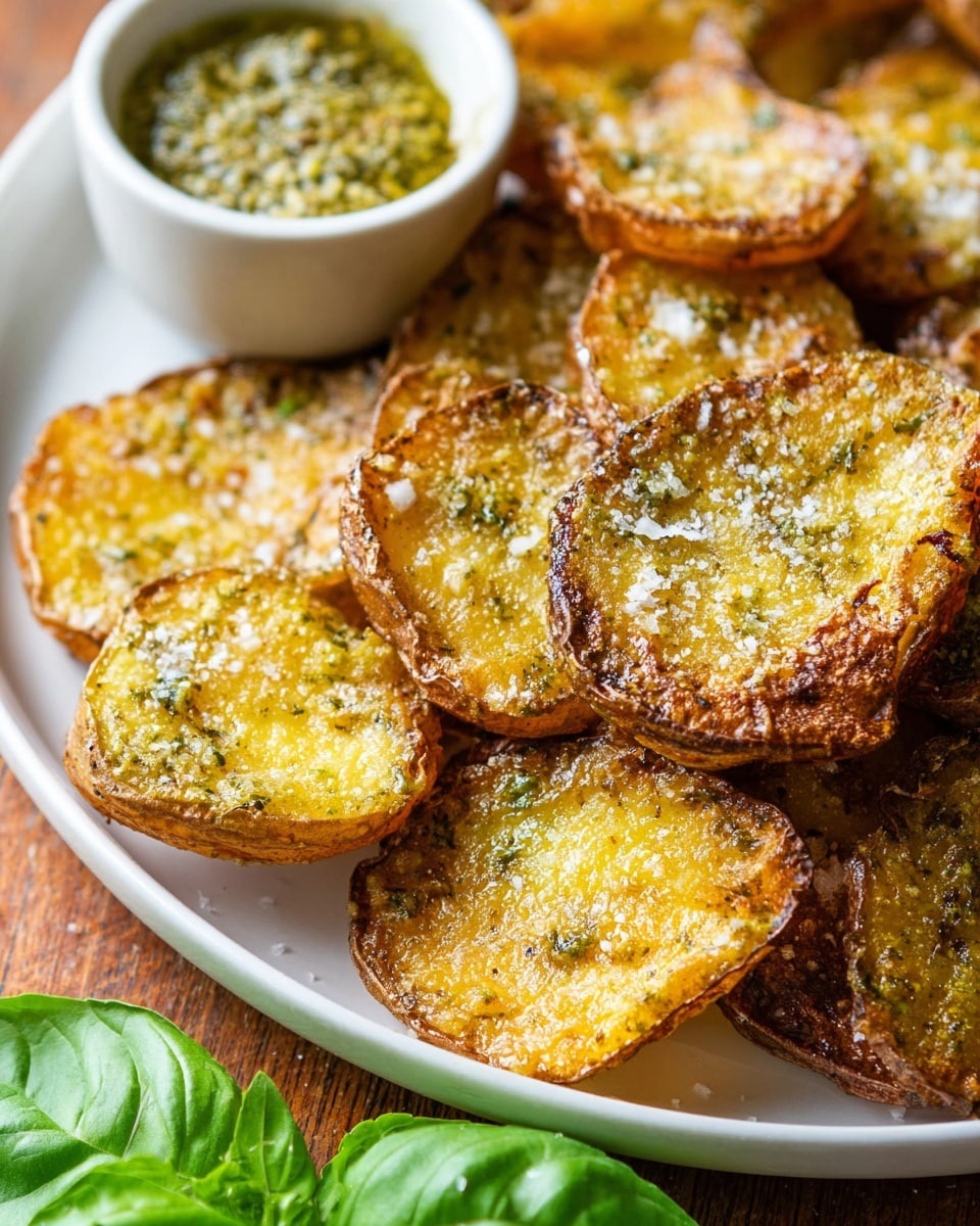 The image shows several crispy roasted potato slices arranged closely on a white plate, each slice golden brown with a rough texture and some areas covered with coarse salt and seasoning. The potatoes have a slightly wrinkled surface and look crunchy on the edges, with some slices showing a bit of greenish herb coating. The plate is placed on a wooden surface with a fresh green basil leaf nearby, and a small white bowl filled with a grainy green sauce is partially visible at the bottom. Photo taken with an iphone --ar 4:5 --v 7