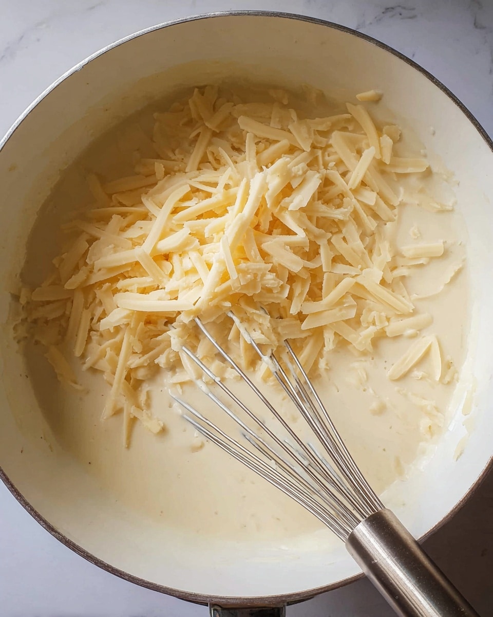 A white pot holds a thick light cream sauce with shredded pale yellow cheese scattered on one side, melting slightly into the sauce. A metal whisk with thin wires rests inside, partially covered by the cheese and sauce. The surface under the pot is a white marbled texture. photo taken with an iphone --ar 4:5 --v 7