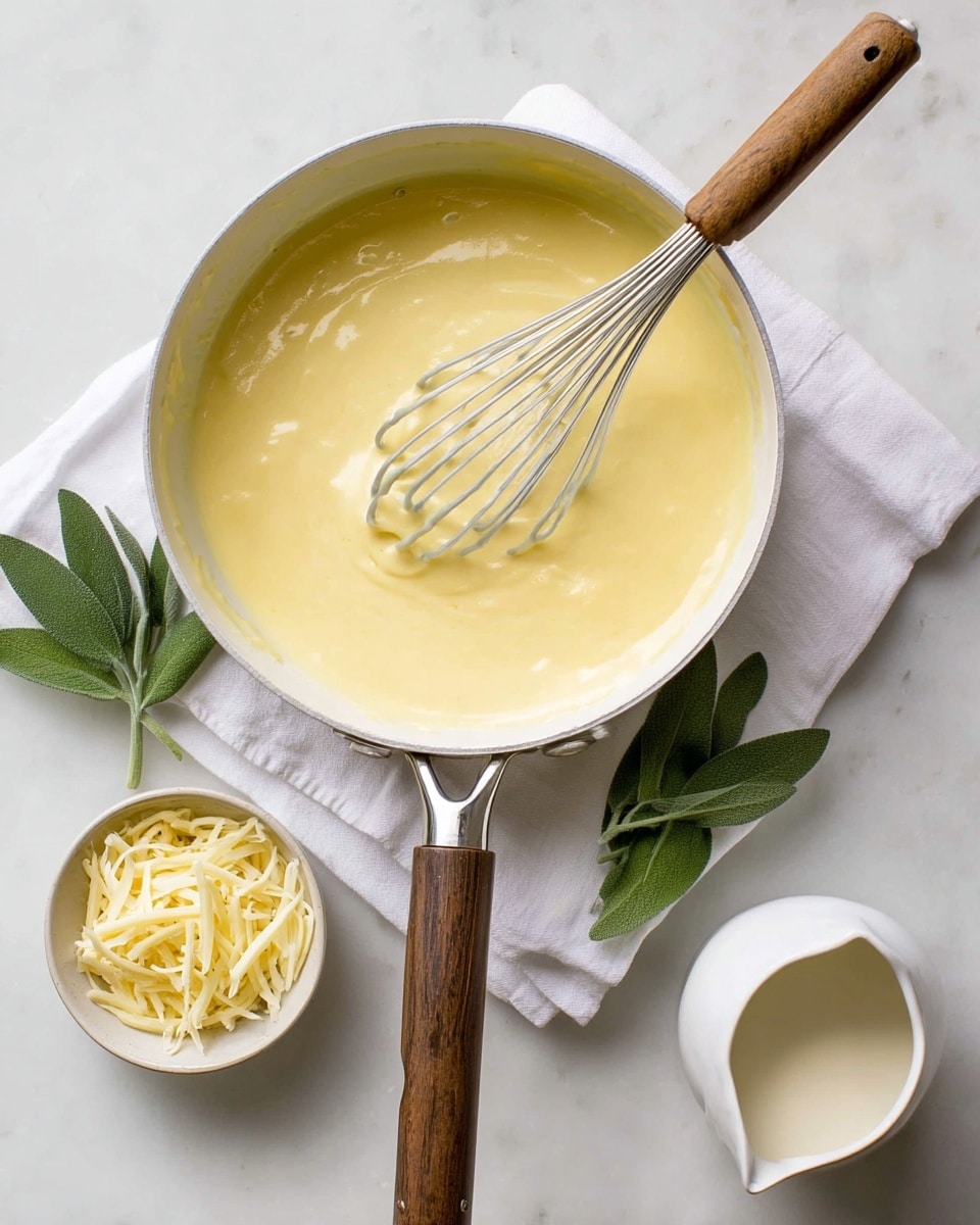 A white saucepan with a wooden handle is filled with smooth, thick yellow sauce being stirred by a silver whisk with pale blue rounded tips. Next to the pan is a small white bowl with pale yellow shredded cheese, and a small white pitcher holds creamy white liquid. Green sage leaves are placed on a white cloth napkin under the saucepan, all set on a white marbled surface. Photo taken with an iphone --ar 4:5 --v 7