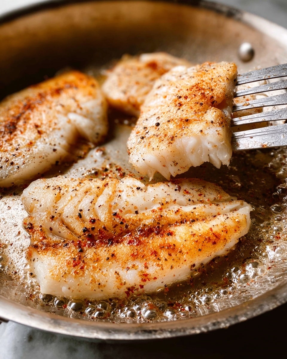 The image shows four pieces of light golden fish fillets cooking in a silver frying pan. Each fillet has a slightly browned surface with specks of black pepper and a light dusting of reddish seasoning. The edges of the fillets are gently curling and browning, while the pan’s surface has small bubbles of hot oil near the fillets. A silver spatula is seen lifting one of the fillets from the right side. The colors mainly include white, light brown, and silver with a slightly shiny texture from the oil. The background is out of focus, hinting that the pan is on a stove. Photo taken with an iphone --ar 4:5 --v 7