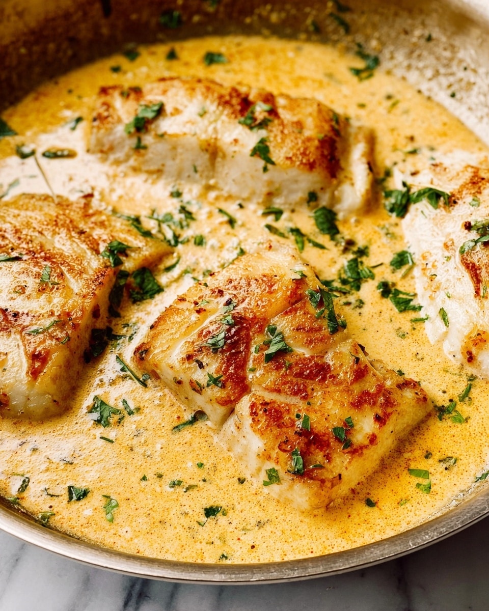 A close-up view of four light golden brown fish fillets cooking in a shallow silver pan filled with creamy yellow sauce. The fillets have a slightly crispy texture on the top and are surrounded by a smooth, thick sauce with small bubbles and scattered green herb leaves sprinkled on top, creating a fresh contrast in color. The pan rests on a white marbled surface, enhancing the warm tones of the dish. Photo taken with an iphone --ar 4:5 --v 7