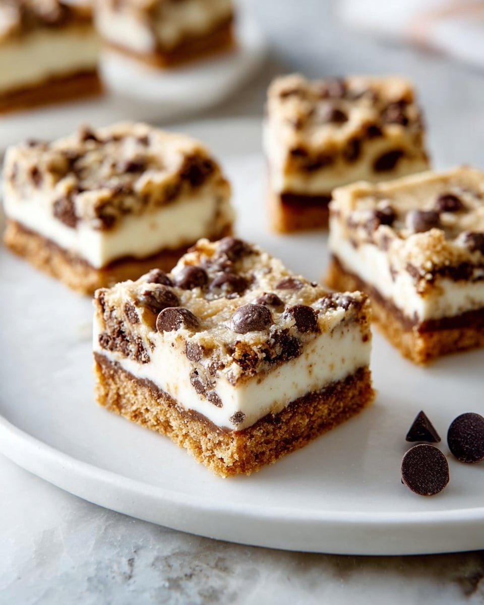 The image shows five square dessert bars on a white plate, each with three layers. The bottom layer is a golden-brown crumbly crust, the middle layer is a smooth, creamy white filling, and the top layer is a chunky mixture with a beige color studded with dark chocolate chips spread unevenly. Two dark chocolate chips lie on the white marbled surface near the plate's edge. The background is softly blurred, focusing on the front bar with clear details. photo taken with an iphone --ar 4:5 --v 7
