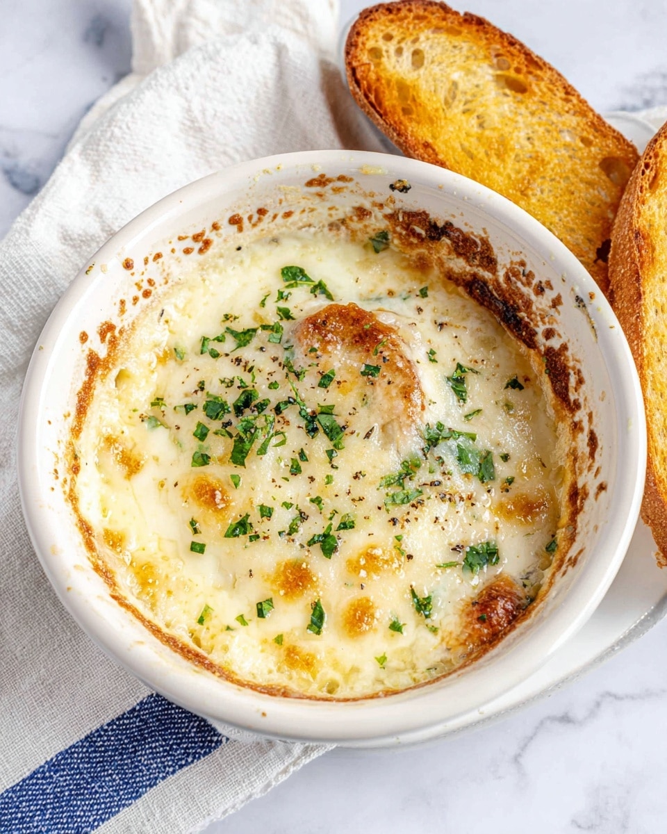 A white bowl filled with a creamy baked dish featuring a golden, slightly browned melted cheese layer on top, sprinkled with small pieces of green herbs and some black pepper. The inside edges of the bowl are stained with browned spots from cooking. Around the bowl are two pieces of toasted golden brown bread with a crunchy texture. The bowl and bread sit on a white marbled surface, next to a white cloth with a blue striped design. Photo taken with an iphone --ar 4:5 --v 7
