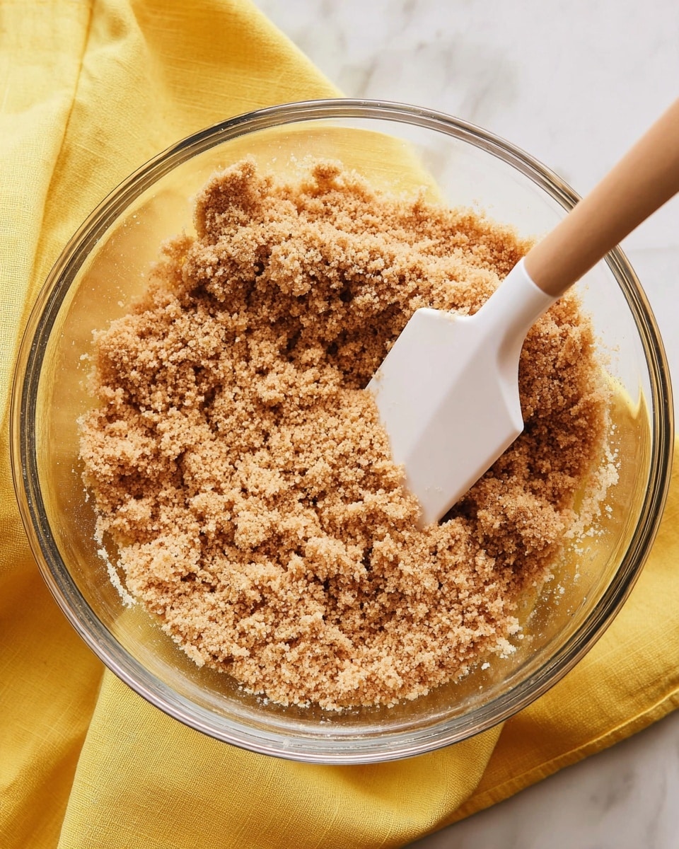 A clear glass bowl filled with a light brown, crumbly mixture that has a coarse texture, with some small clumps scattered throughout. Inside the bowl, a white spatula with a smooth surface is partially buried in the mixture, its handle angled upwards. The bowl sits on a yellow cloth, all placed on a white marbled surface. Photo taken with an iphone --ar 4:5 --v 7