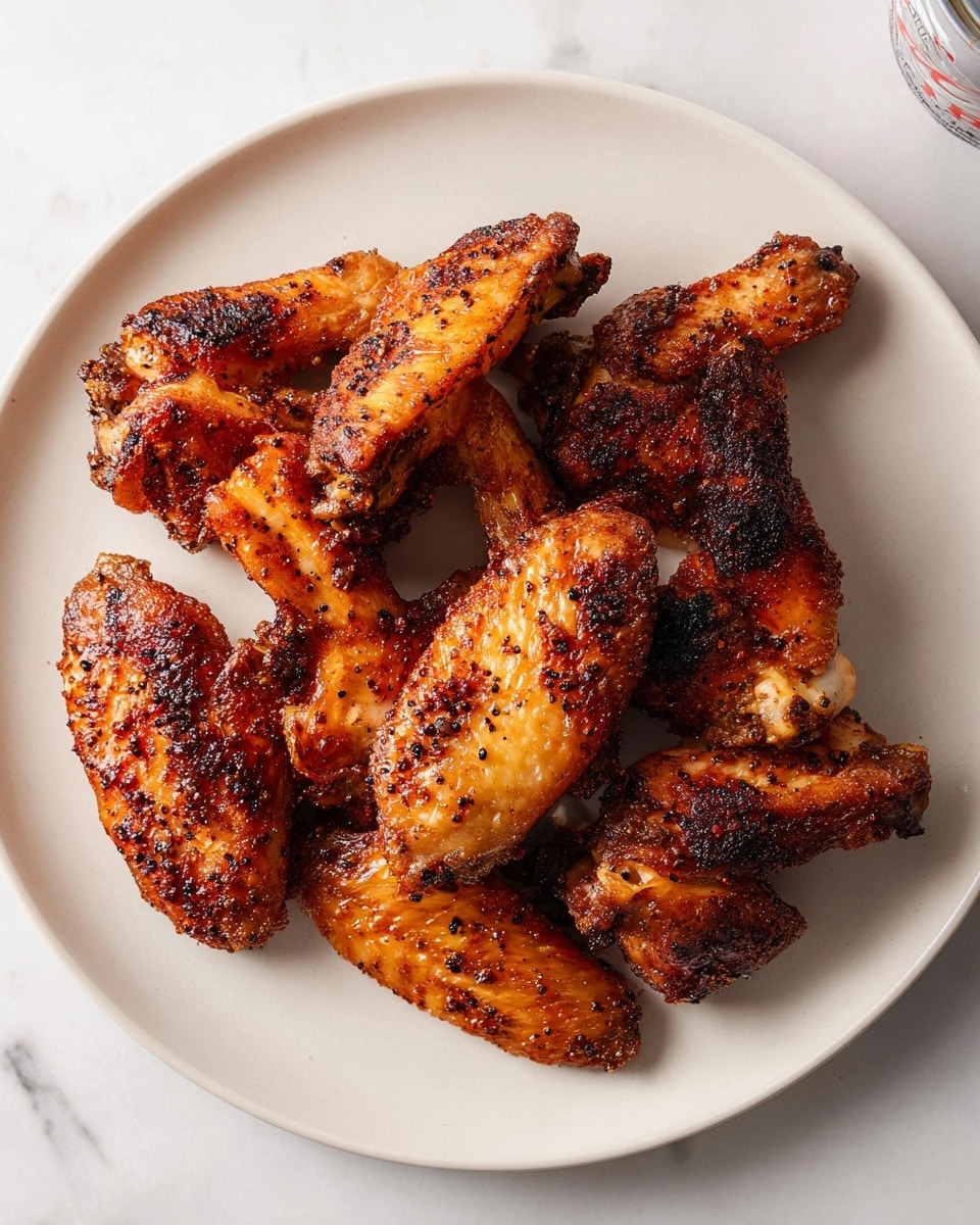 A white plate with seven golden-brown chicken wings arranged in a loose circle. Each wing has a crispy, slightly charred skin with dark pepper flakes and seasoning visible on the surface. The chicken wings vary in texture, showing crunchy bits and tender meat underneath. The plate sits on a white marbled surface with a soda can partially in view at the top-right corner. The lighting is soft, highlighting the warm tones and the crispiness of the wings. photo taken with an iphone --ar 4:5 --v 7