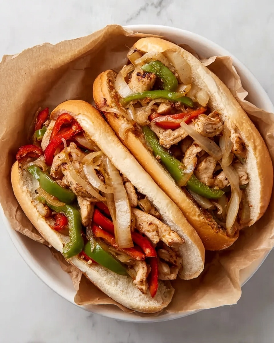 Two soft hoagie sandwich rolls sit side by side in a white round bowl lined with light brown parchment paper. Each sandwich is filled with layers of cooked chicken strips that are light brown and tender, topped with sautéed green and red bell pepper slices and light caramelized onions. The vegetables are slightly shiny from cooking oil and mix with the tender meat. The rolls are slightly toasted, showing a warm beige color with a soft texture. The bowl is placed on a white marbled surface. photo taken with an iphone --ar 4:5 --v 7