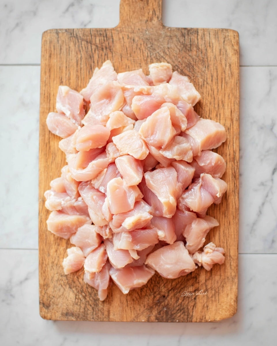 The image shows a wooden board placed on a white marbled surface filled with many pieces of raw chicken cut into small chunks. The chicken pieces are pale pink with some white fatty parts, and they are spread evenly covering the whole board. The background is light and simple, enhancing the natural color of the chicken. Photo taken with an iphone --ar 4:5 --v 7