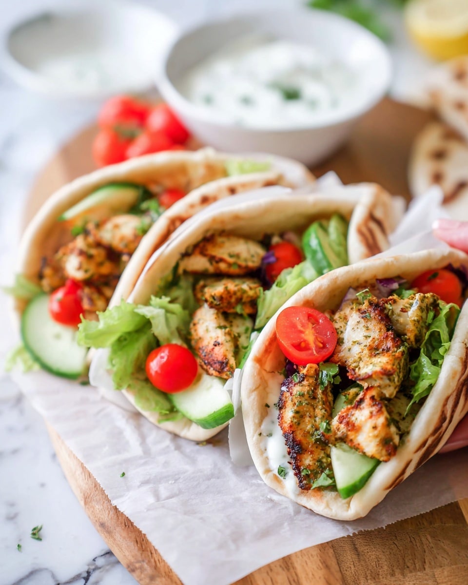 The image shows three soft pita wraps filled with grilled herb chicken pieces, bright red cherry tomato halves, fresh green lettuce leaves, and thin slices of cucumber. The wraps are placed on white parchment paper on top of a wooden board. In the background, there is a small white bowl filled with a creamy white sauce, and a woman's hand holding one of the wraps is slightly visible. The setting has a white marbled surface, adding a clean and fresh look to the scene. photo taken with an iphone --ar 4:5 --v 7