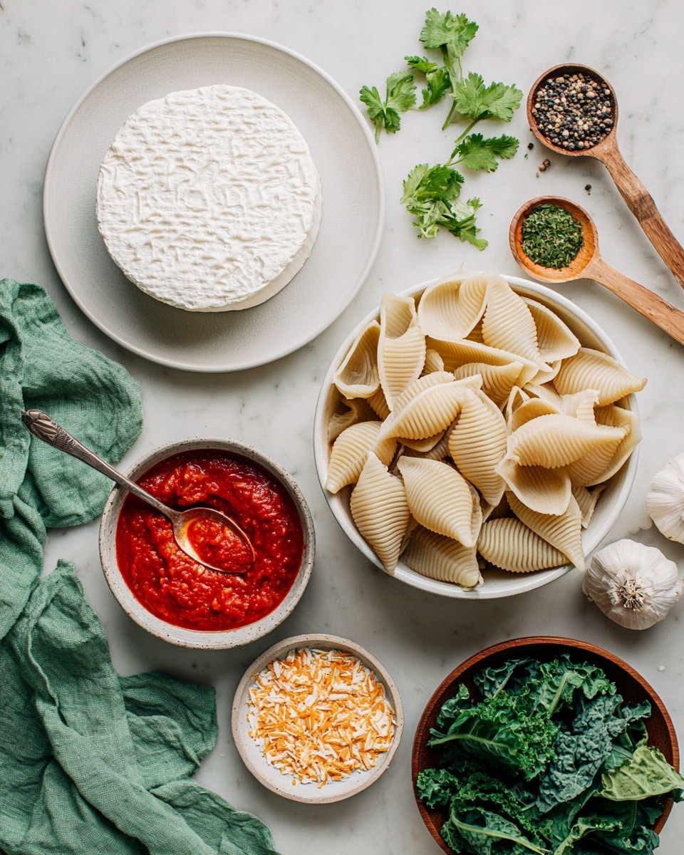 The image shows a simple arrangement of cooking ingredients on a white marbled surface. In the center is a white bowl filled with large, pale beige pasta shells with a ribbed texture. To the left, there is a white plate holding a round, white soft cheese with a slightly crumbly texture and patterned sides. Below the pasta bowl is a small white bowl of bright red tomato sauce with a spoon inside. Near the top right, a wooden spoon holds green dried herbs, placed next to a small white bowl filled with light orange flakes. On the lower left, a small brown bowl contains fresh green leaves of cilantro, while on the lower right a white plate holds dark green leafy vegetables with a slightly wrinkled texture. Garlic cloves and small wooden bowls with black pepper and other spices are spread around the scene. A green cloth is casually placed near the bottom left corner. Photo taken with an iphone --ar 4:5 --v 7