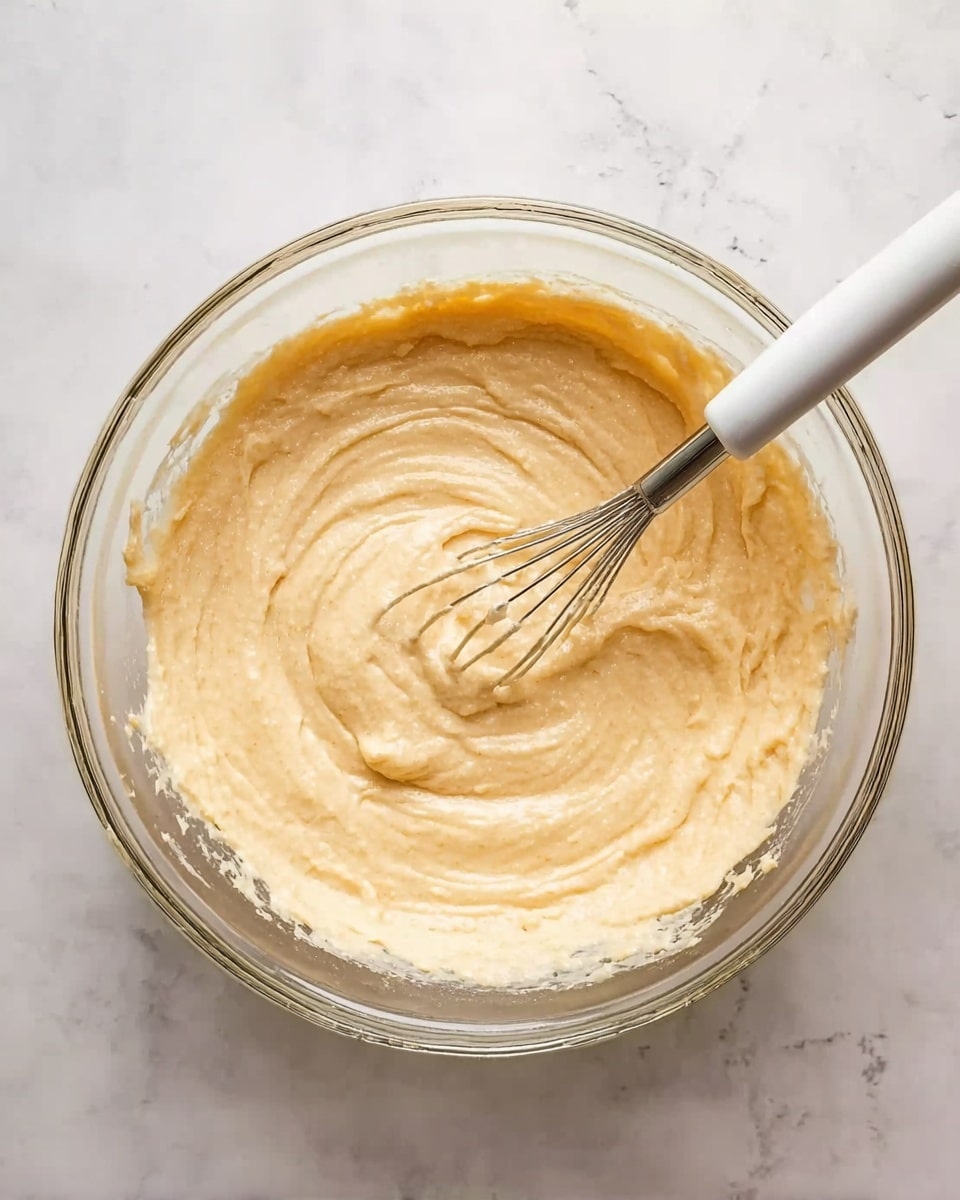 A clear glass bowl filled with thick, pale yellow batter sits on a white marbled surface. The batter has a smooth, creamy texture with soft swirls from stirring. Inside the mixture, a whisk with a white handle rests partly submerged, showing light reflections on the metal wires. Around the edge, some batter clings slightly unevenly to the sides of the bowl, adding a natural, freshly stirred look. Photo taken with an iphone --ar 4:5 --v 7