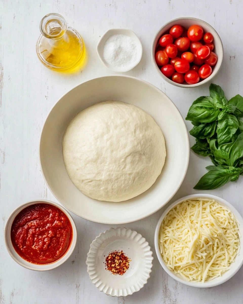 The image shows a round ball of pizza dough placed in the middle of a white bowl, ready for making pizza. Around the main dough bowl, several white dishes hold other pizza ingredients: bright red cherry tomatoes in one small bowl, a thick red tomato sauce in another bowl, and pale yellow shredded cheese in a third bowl. Fresh green basil leaves are placed next to the cheese bowl, and a small white scalloped bowl holds some crushed red pepper flakes. A small glass bottle filled with golden olive oil is also visible near the top left side. All items are arranged neatly on a white marbled surface. Photo taken with an iphone --ar 4:5 --v 7