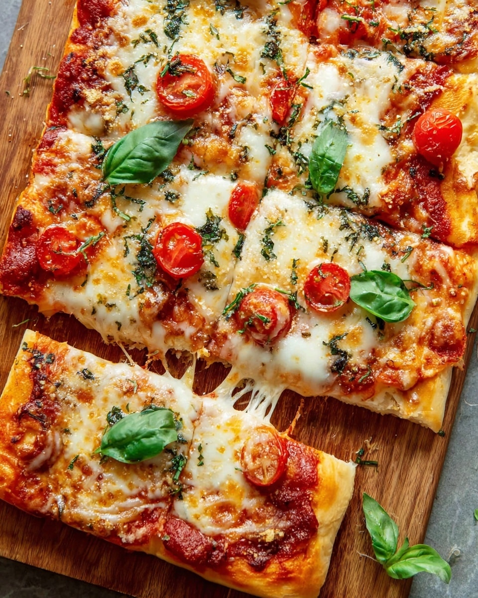 A square pizza on a wooden board with a thick golden-brown crust. The first layer is red tomato sauce, spread evenly over the dough. On top is melted white cheese that stretches as one square slice is pulled away. Scattered on the cheese are small, round red cherry tomato slices and bits of green herbs. Fresh green basil leaves are placed on top for a bright touch. The cheese looks soft and bubbly with some golden spots, and the edges are slightly crispy. Photo taken with an iphone --ar 4:5 --v 7