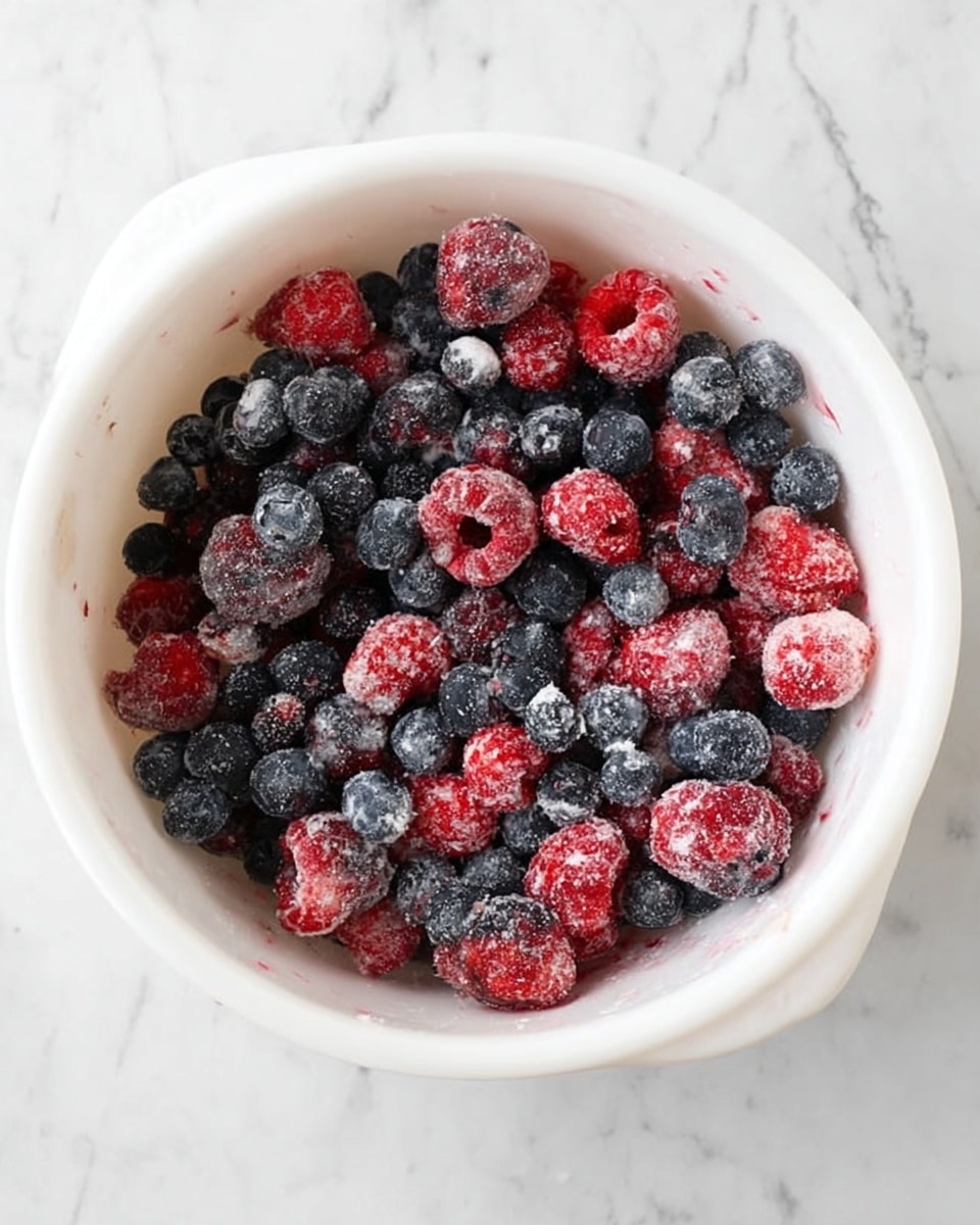 A white bowl sits on a white marbled surface filled with a mix of frozen red raspberries and dark blue blueberries, both covered with light dusting of white flour or sugar powder. The berries look cold and slightly frosty with some sugar granules visible on the bowl’s sides, showing a rough texture from the fruit and powder mix inside. The bowl has a smooth rim and handles on each side. photo taken with an iphone --ar 4:5 --v 7