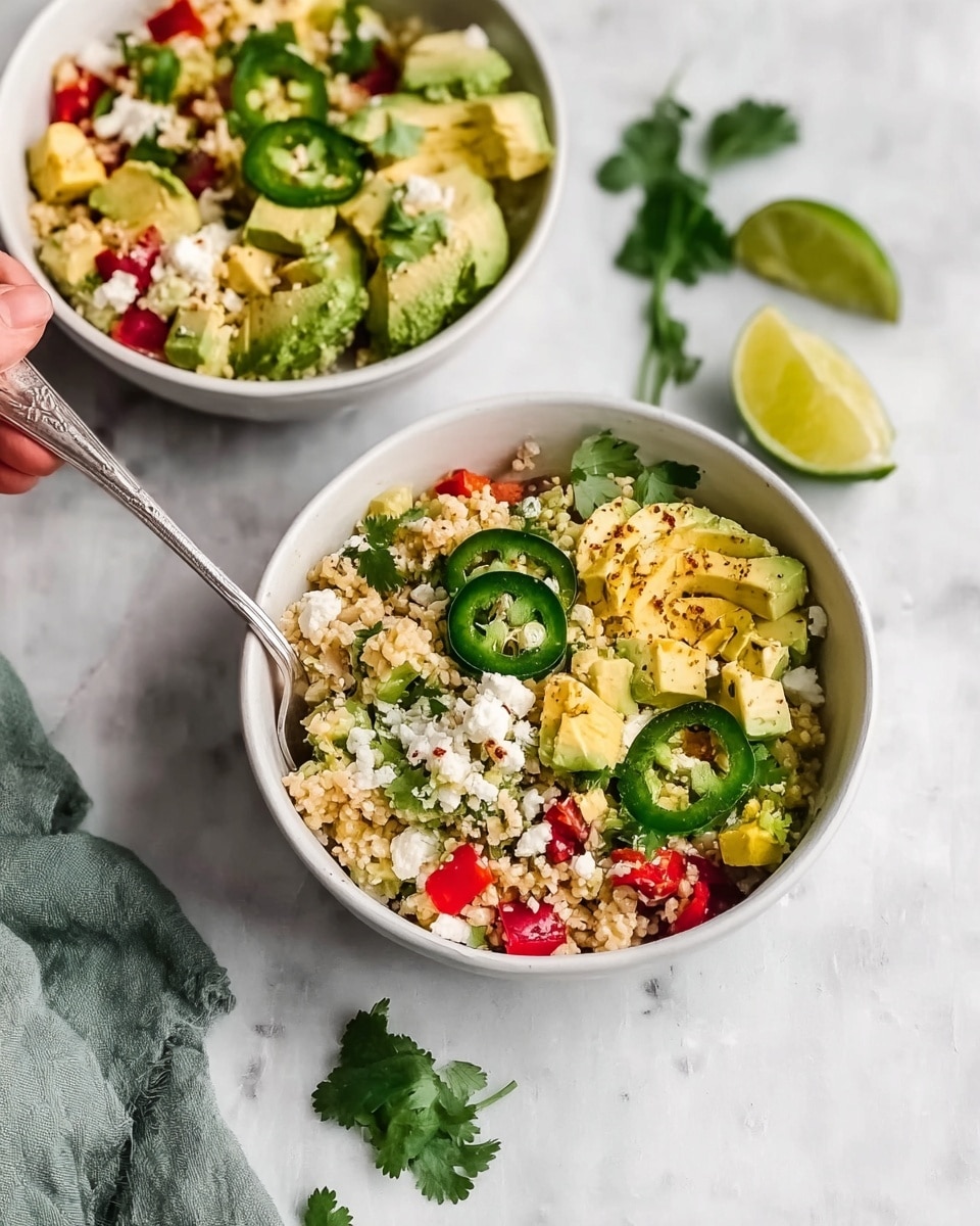 Two white bowls filled with a colorful layered salad sit on a white marbled surface. The salad has small square pieces of light yellow avocado scattered on top, along with bright green slices of jalapeño pepper and tiny white crumbles of cheese. There are visible red bell pepper chunks and beige grains mixed throughout. One bowl has a silver spoon inside, and a woman's hand holds the spoon, ready to scoop. Nearby, there are sprigs of green cilantro and half a lime showing its bright green interior. The overall scene is fresh and vibrant with a mix of creamy, crunchy, and soft textures. photo taken with an iphone --ar 4:5 --v 7