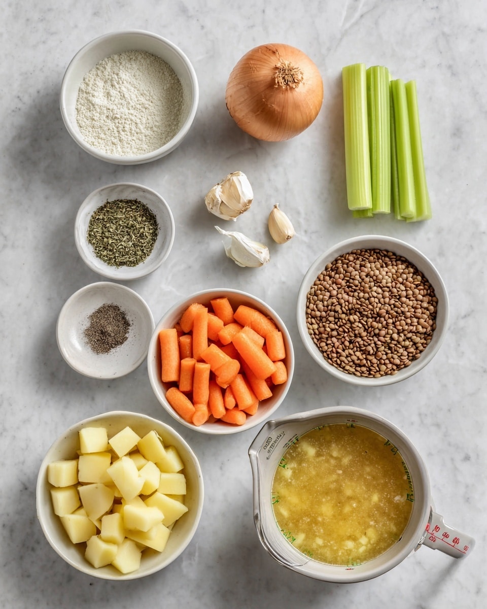 A white marbled surface holds several white bowls and loose ingredients arranged neatly. From top left to bottom right, there is a small white bowl with a white powdery substance, next to a whole brown onion slightly to the right, and a group of four green celery sticks above three garlic cloves. Below the white bowl with powder is a smaller white bowl with dark green dried herbs, then an even smaller bowl with black pepper, followed by a medium white bowl filled with bright orange carrot slices. Below is a larger white bowl filled with pale yellow, peeled, and chopped potatoes. To the right of the potatoes is a white bowl filled with brown lentils. Below and to the right is a transparent measuring cup containing a light yellow liquid with green herb specks. At the bottom center, a small white bowl holds uncooked short pasta. All the items are spaced evenly on the white marbled surface, presenting a clean and organized view of ingredients. Photo taken with an iphone --ar 4:5 --v 7