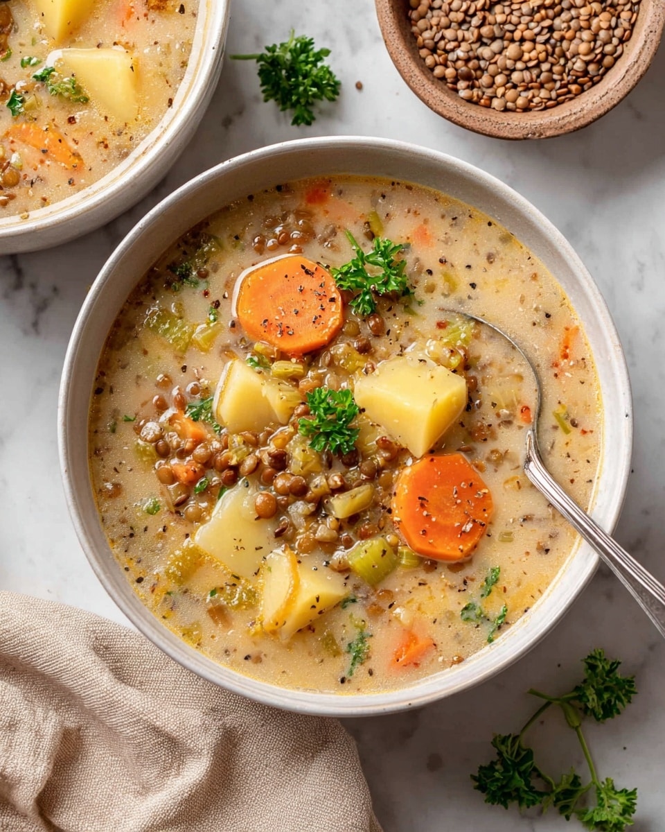 A white bowl filled with thick lentil soup containing visible layers of orange carrot slices, yellow potato chunks, small green celery pieces, and whole brown lentils, all immersed in a creamy, light beige broth speckled with herbs and black pepper. Small green parsley leaves float on the surface, adding a fresh touch. A spoon rests inside the bowl on the right side, partially submerged. In the top left corner, a second bowl with a similar soup is partially visible, and above it, a small white bowl holds raw brown lentils. The setting is on a white marbled surface with a beige cloth napkin beside the bowls. photo taken with an iphone --ar 4:5 --v 7