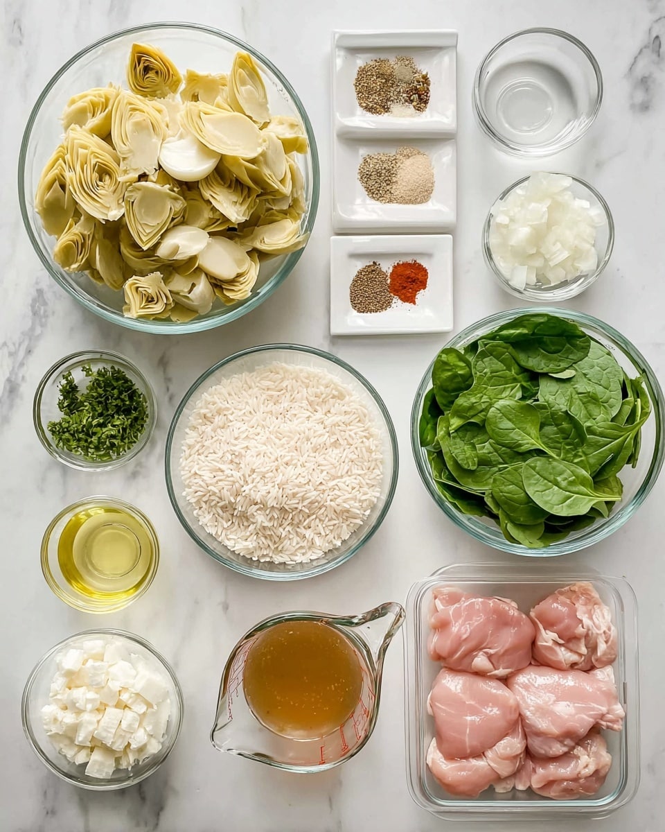 The image shows a neatly arranged cooking setup on a white marbled surface with several clear glass bowls and small white dishes. At the top left is a large glass bowl filled with pale yellow sliced artichokes. Next to it on the right is a small white dish holding five different spices in small piles, showing colors like white, beige, green, and red. Below that is a glass measuring cup filled with light brown liquid. Toward the center, a medium-sized glass bowl holds uncooked white rice, with a small white bowl of finely chopped green herbs just below it. On the right side, a large glass bowl is filled with fresh, bright green spinach leaves. At the bottom left, there is a glass bowl with white chopped onions, next to a smaller glass bowl containing crumbled white cheese. Near these bowls, two small glass containers hold a golden-yellow liquid (olive oil) and a pale yellow liquid (lemon juice). Finally, at the bottom right, a transparent plastic tray contains four raw pink chicken thighs. photo taken with an iphone --ar 4:5 --v 7