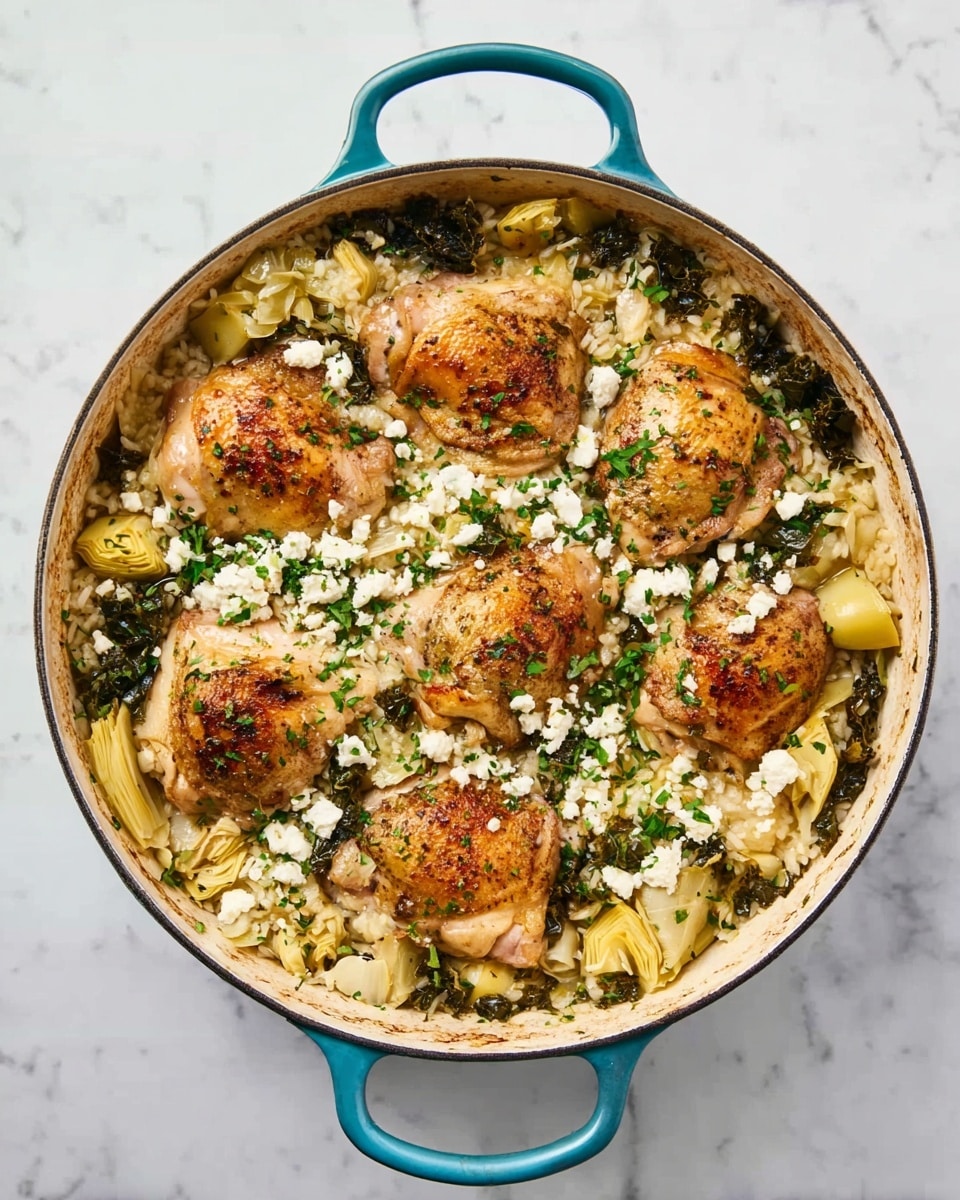 A white enamel pot with turquoise handles holds a dish featuring five browned chicken pieces arranged evenly on top. Beneath the chicken is a bed of cooked rice mixed with chunks of yellow artichoke hearts and dark green leafy vegetables. Small white crumbles of cheese and finely chopped green herbs are scattered across the entire dish, adding texture and color contrast. The pot sits on a clean white marbled surface. photo taken with an iphone --ar 4:5 --v 7