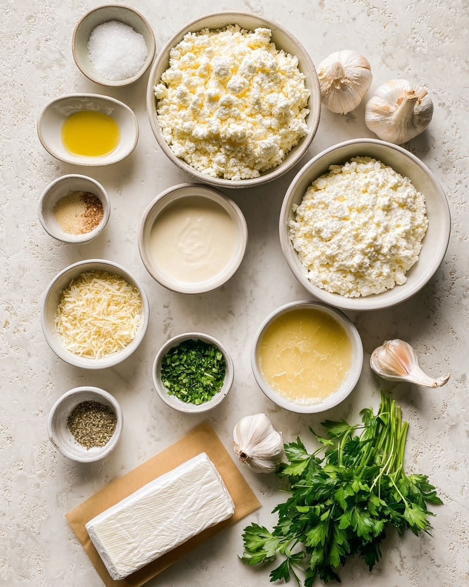 The image shows an arrangement of ingredients on a white marbled surface with small white bowls and a wrapped block of cream cheese. There are two large white bowls filled with different types of grated or crumbled white cheese, one with a smooth bar on top. Other small white bowls contain creamy white sauce, finely chopped green herbs, yellow oil, salt, and light brown seasonings. There are also three whole garlic bulbs and a small bowl with fresh green parsley leaves. The ingredients are neatly spaced, with soft natural light highlighting the textures. Photo taken with an iphone --ar 4:5 --v 7