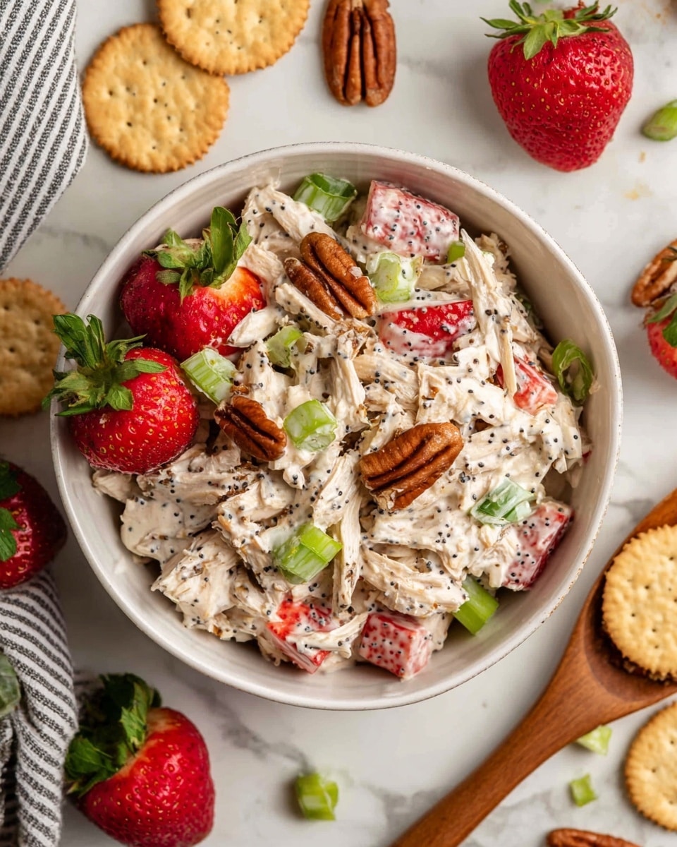 A white bowl filled with a mix of shredded white chicken layer, chopped green celery pieces, halved bright red strawberries, and small green onion slices all mixed together with creamy dressing speckled with tiny black poppy seeds. Scattered into the bowl are whole golden-brown pecan halves adding texture. Around the bowl on a white marbled surface, there are whole and broken light brown round crackers, whole pecans, strawberry halves, and thin green onion slices visible, with a wooden spoon and striped gray and white cloth nearby. photo taken with an iphone --ar 4:5 --v 7