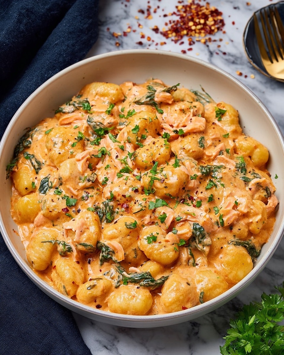 A round white bowl filled with soft gnocchi pieces covered in a creamy orange sauce that looks smooth and rich. Mixed in the sauce are small pieces of light pink salmon and dark green spinach leaves, all evenly coated. The dish is topped with small green parsley leaves sprinkled on top. The bowl sits on a white marbled surface with scattered dried red pepper flakes to the side and a dark blue cloth partially in view, adding texture to the scene. photo taken with an iphone --ar 4:5 --v 7