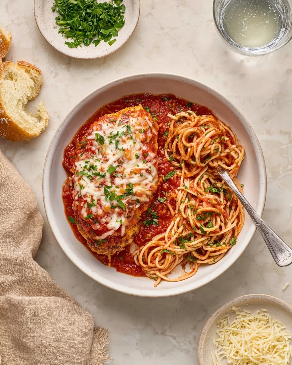 A white bowl holds two main parts: on the left is a piece of chicken covered with a chunky red tomato sauce topped with melted white cheese and small green herb bits. On the right is a serving of spaghetti with thick red tomato sauce mixed in, sprinkled with the same small green herbs. A silver fork rests inside the spaghetti on the right side of the bowl. Around the bowl, there is a white marbled surface with a small white plate of chopped fresh green herbs on the top left, some torn pieces of bread near the top right, a clear glass of water on the upper right, and a partial view of a small white plate with shredded cheese and bread near the bottom right. A beige cloth is placed near the bottom left corner. The photo taken with an iphone --ar 4:5 --v 7