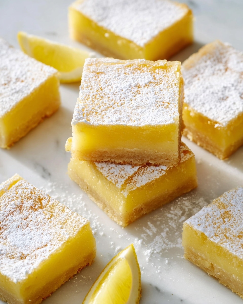 The image shows several square lemon bars on a white marbled surface, each topped with a fine layer of powdered sugar giving a soft white dusting on light yellow tops. Each bar has two clear layers: a thicker bottom layer with a pale golden crust that looks crumbly, and a smooth, glossy yellow lemon filling on top, which is slightly translucent. Two lemon bars are stacked in the center, showing the layers more clearly, with the lemon filling glistening in the light. Around the bars, there are thin lemon wedges adding a fresh look. The photo has bright, natural light and a clean, simple style. photo taken with an iphone --ar 4:5 --v 7