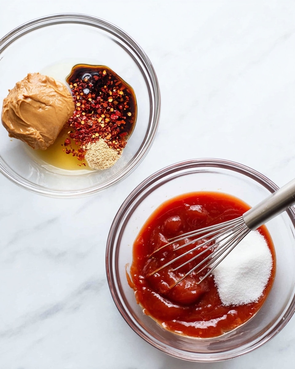 The image shows two clear glass bowls on a white marbled surface. The left bowl holds five separate layers of ingredients: a dollop of light brown peanut butter in the top left, dark soy sauce with red chili flakes covering the upper half, bright red ketchup in the bottom left, white granulated sugar in the bottom right, and a small amount of golden honey between the ketchup and sugar. The right bowl displays the same ingredients fully mixed into a smooth reddish-brown sauce, with a silver whisk partly submerged and resting inside the bowl. Photo taken with an iphone --ar 4:5 --v 7
