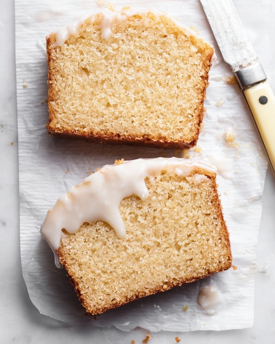 Two slices of light brown cake with a soft and crumbly texture lie flat on white parchment paper over a white marbled surface. The bottom slice is partially covered with a smooth white glaze slightly dripping over one edge, while the top slice shows no glaze. A silver knife with a cream-colored handle rests near the top right corner of the paper. The scene is brightly lit, showing the cake's details clearly. photo taken with an iphone --ar 4:5 --v 7