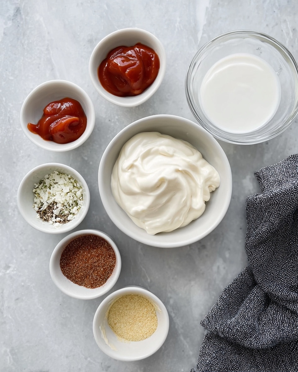 The image shows seven small white bowls arranged on a white marbled surface. The top middle bowl contains thick, creamy white mayo with swirls on top. To the right, a clear glass bowl holds a small amount of white milk. The top left bowl has a red ketchup-like sauce in two dollops, one larger than the other. Beneath that, the middle left bowl contains a mixture of white and green herbs or seasoning. The middle bowls each have a different powder: one is dark brown with specks, another is reddish-brown, and the bottom bowl has a lighter yellow powder. A dark gray textured cloth is partially visible at the bottom right. Photo taken with an iphone --ar 4:5 --v 7