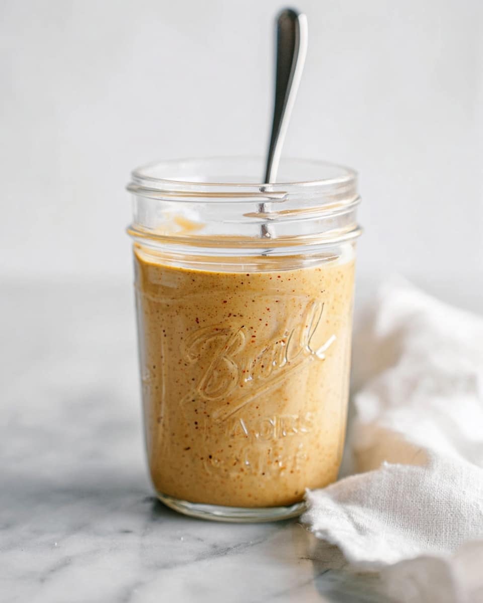 A clear glass jar filled almost to the top with a creamy, light brown sauce speckled with darker spices sits on a white marbled surface. Inside the jar, a thin silver spoon is standing upright, partially submerged in the sauce. The jar has an embossed design, giving it a vintage look. To the right side of the jar, a soft, white, slightly crumpled cloth is visible. The background is plain white with soft lighting, creating a clean and fresh atmosphere. photo taken with an iphone --ar 4:5 --v 7