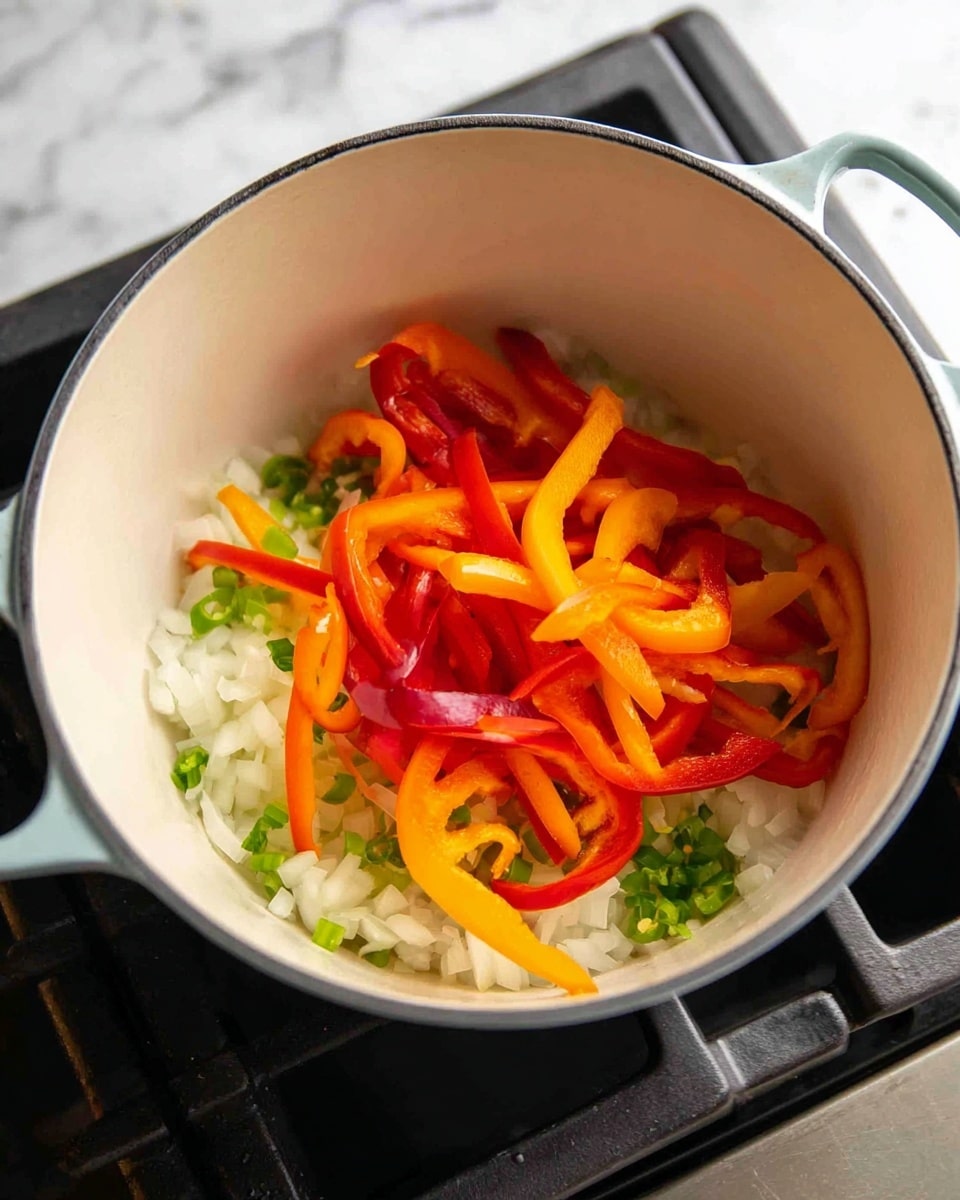 Inside a white pot with a light blue handle, there are two visible layers of fresh vegetables. The bottom layer is made of finely chopped white onions mixed with small pieces of green chili peppers scattered evenly. On top, there are thin strips of bell peppers in bright orange, deep red, and yellow colors, arranged loosely and overlapping each other. The pot is placed on a black metal stove with a white marbled surface around it. photo taken with an iphone --ar 4:5 --v 7