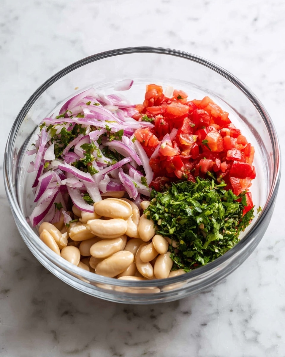 A clear glass bowl is placed on a white marbled surface, containing four separate layers of ingredients inside. On the top left, there are thinly sliced red onions mixed with green herbs, giving a light purple and green texture. To the right, bright red chopped tomatoes form a chunky layer. Below that, at the bottom right, a fresh green chopped herb layer sits neatly. At the bottom left, smooth, light beige beans are placed, contrasting with the other colors. The layers are fresh and uncooked, arranged side by side without mixing. photo taken with an iphone --ar 4:5 --v 7