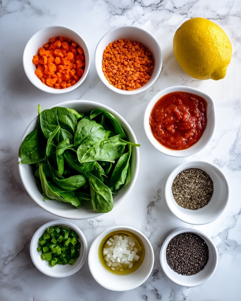 The image shows nine small white bowls and one clear glass jug arranged neatly on a white marbled surface. At the center, there is a white bowl filled with fresh green spinach leaves. Surrounding it clockwise are small white bowls containing orange chopped carrots, green chopped celery, minced garlic, red tomato sauce, dried lentils, olive oil, chopped white onions, and a white bowl with ground spices in red, black, and green colors. At the top right corner, there is a whole yellow lemon placed on the white marbled surface. The ingredients are bright and fresh, evenly spaced with clear visibility of their textures and colors. photo taken with an iphone --ar 4:5 --v 7