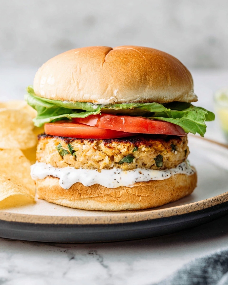 A sandwich with four layers sits on a white plate with a few potato chips on the side. The bottom layer is a soft light brown bun with some white creamy sauce and black pepper spread on it. The second layer is a thick, golden-brown patty with bits of green herbs visible. Next, there is a fresh green lettuce leaf followed by two slices of bright red tomato. The top layer is a fluffy light brown bun covering the sandwich. The background is a white marbled surface. Photo taken with an iphone --ar 4:5 --v 7
