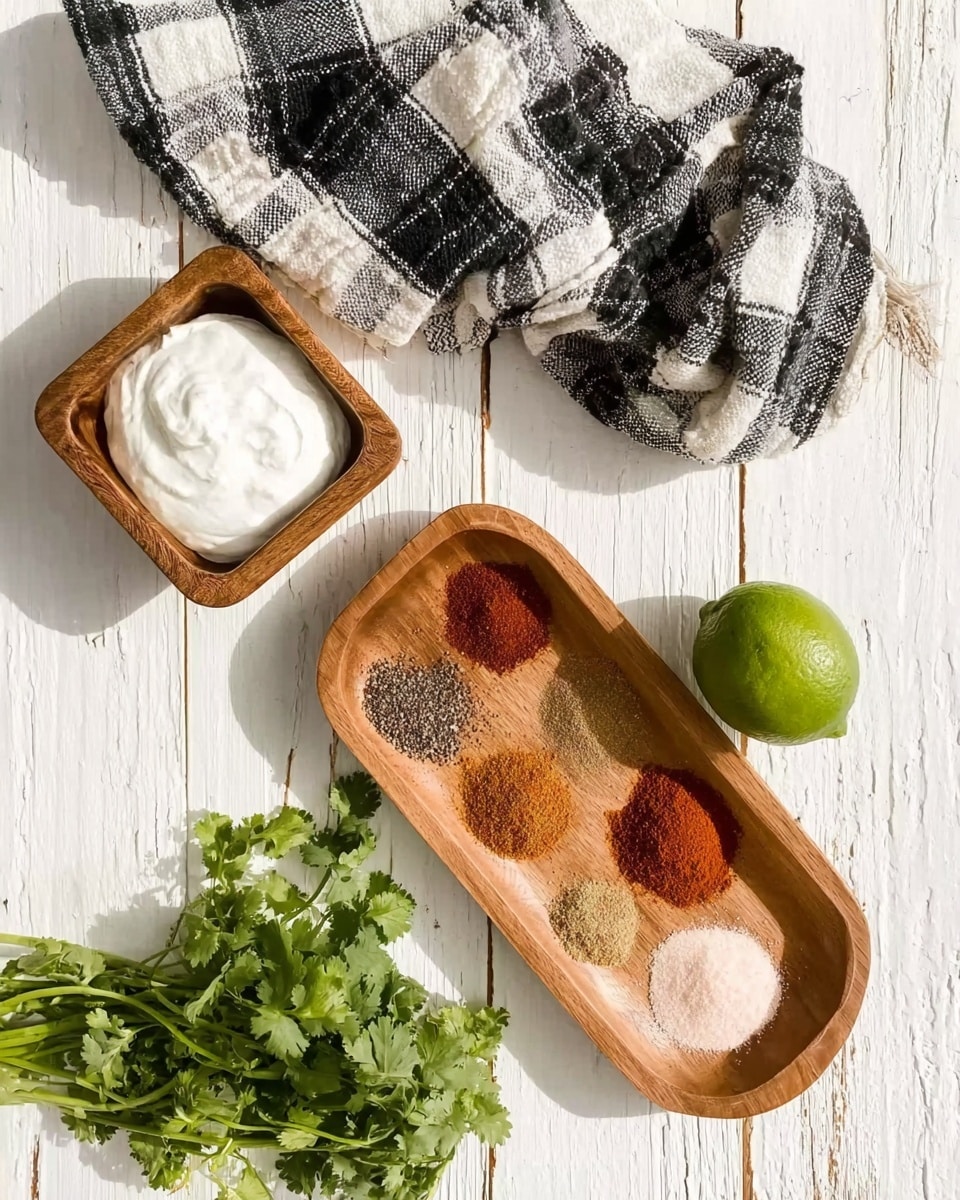 The image shows a white wooden surface with a white marbled texture, on which a wooden tray holds six small piles of spices arranged in two rows, each pile having distinct colors: dark reddish-brown, black and white mixed, light brown, deep red, light beige, and pinkish white. To the left of the tray is a small square wooden bowl filled with a white creamy substance. Above the bowl, there is a black and white plaid cloth folded loosely with a bright green lime resting on it. To the right of the lime, a bunch of fresh green cilantro sits partially on the surface. The scene is lit with soft natural light, creating a clean and fresh look photo taken with an iphone --ar 4:5 --v 7