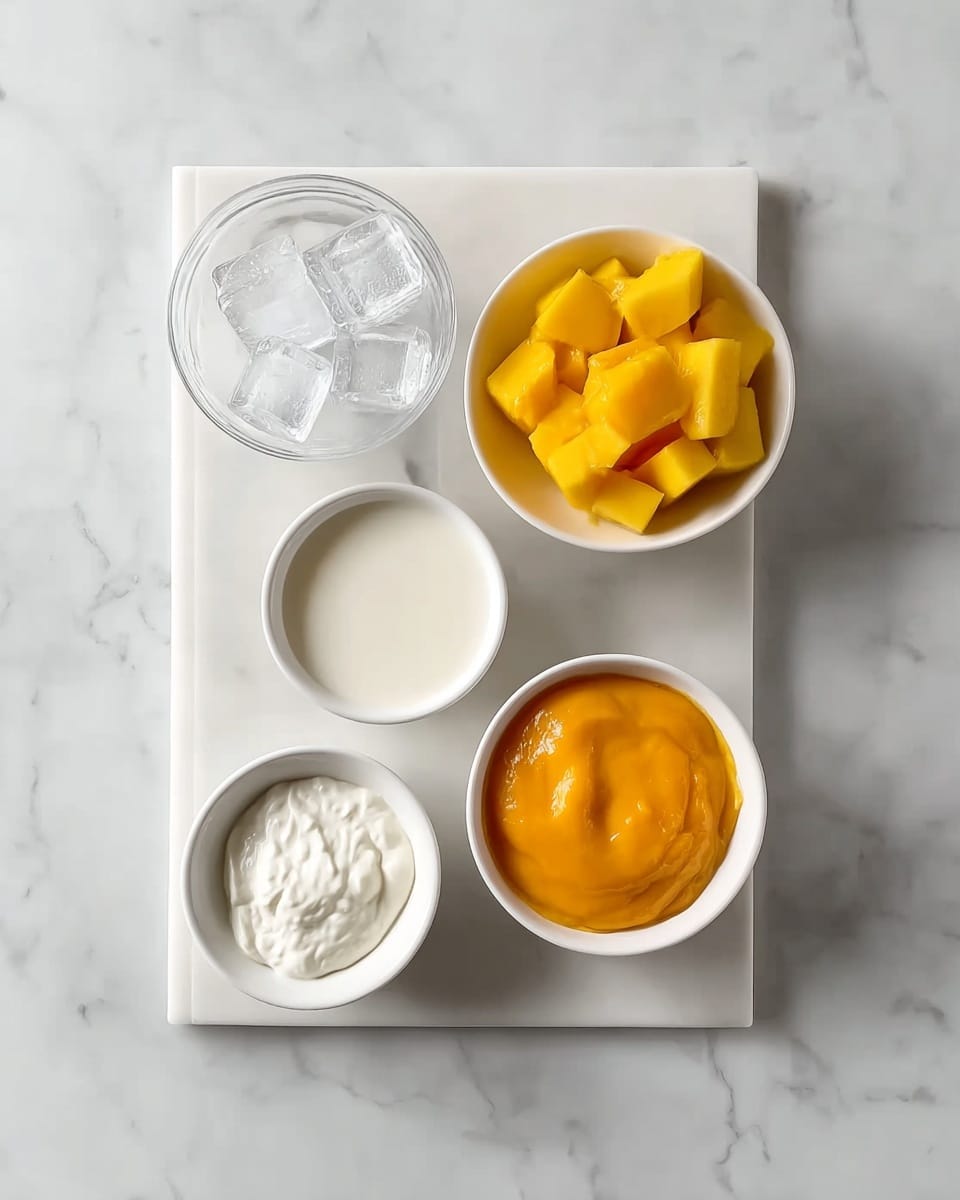 The image shows five white bowls placed on a rectangular marble board on a white marbled surface. The top right bowl contains bright yellow mango pieces with a smooth texture. The top left bowl holds clear ice cubes, appearing cold and solid. The middle bowl has a milky white liquid with a smooth surface. The bowl below it, slightly to the right, contains thick white yogurt with a creamy texture. The bottom left bowl holds fine white sugar, with a granular texture. The bottom middle bowl contains smooth orange mango puree or sauce. photo taken with an iphone --ar 4:5 --v 7