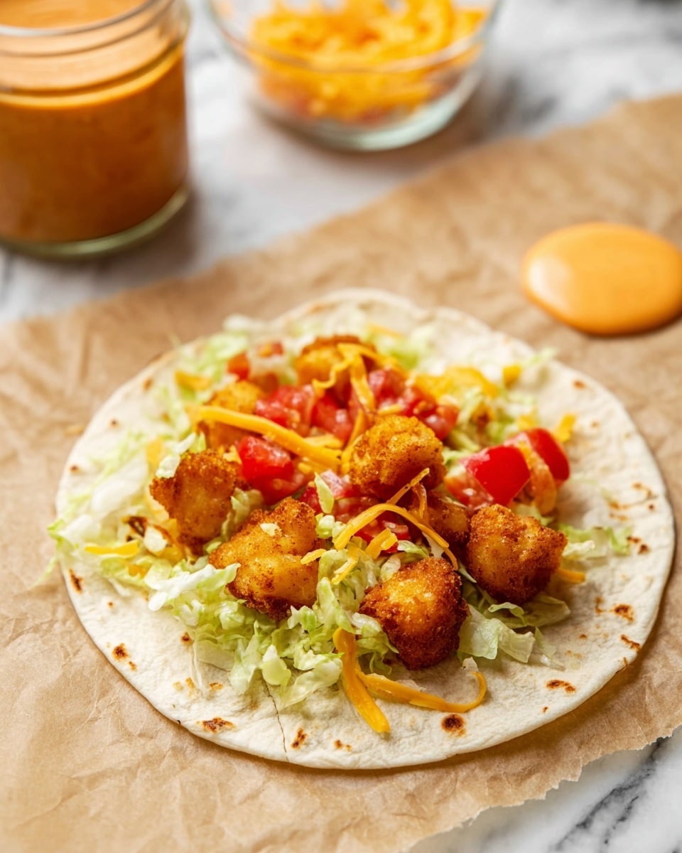A soft white flour tortilla lies flat on light brown parchment paper, topped with three layers: the first layer features crispy golden-brown fried pieces, the second layer is fresh light green shredded lettuce, and the top layer includes small bright red tomato chunks and thin strands of shredded yellow cheddar cheese scattered across. On the right side nearby, there is a dollop of creamy orange sauce visible against a white marbled surface, with a glass jar of the same sauce blurred in the background. photo taken with an iphone --ar 4:5 --v 7