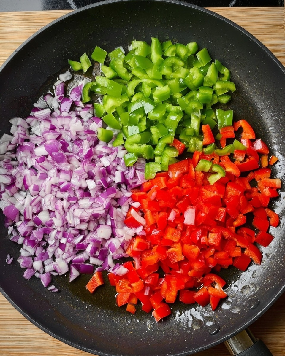A large black pan filled with three piles of chopped vegetables separated from each other inside the pan. The left pile has finely chopped purple onions with white parts mixed in. The top pile shows diced green bell peppers with a fresh, shiny texture. The bottom pile displays small chunks of bright red bell peppers. There is a thin layer of oil around the vegetables inside the pan, which rests on a light wooden surface. photo taken with an iphone --ar 4:5 --v 7