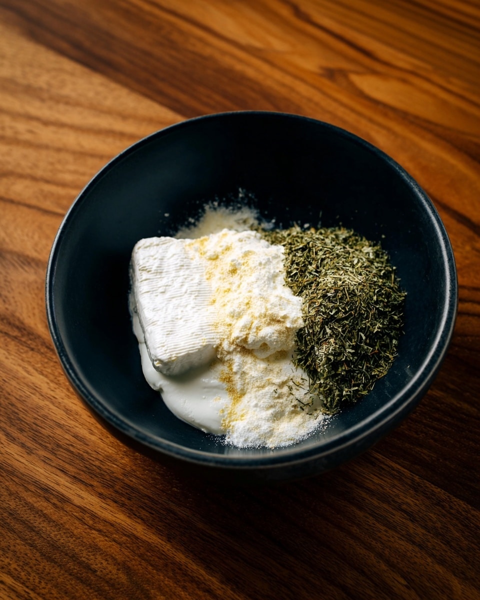 A black bowl sits on a wooden table, inside it are three layers: at the bottom, a smooth white creamy base, in the middle, a block of soft white cheese, with a pale yellow powder sprinkled on top, and on the right side, a small pile of dried green herbs. Photo taken with an iphone --ar 4:5 --v 7