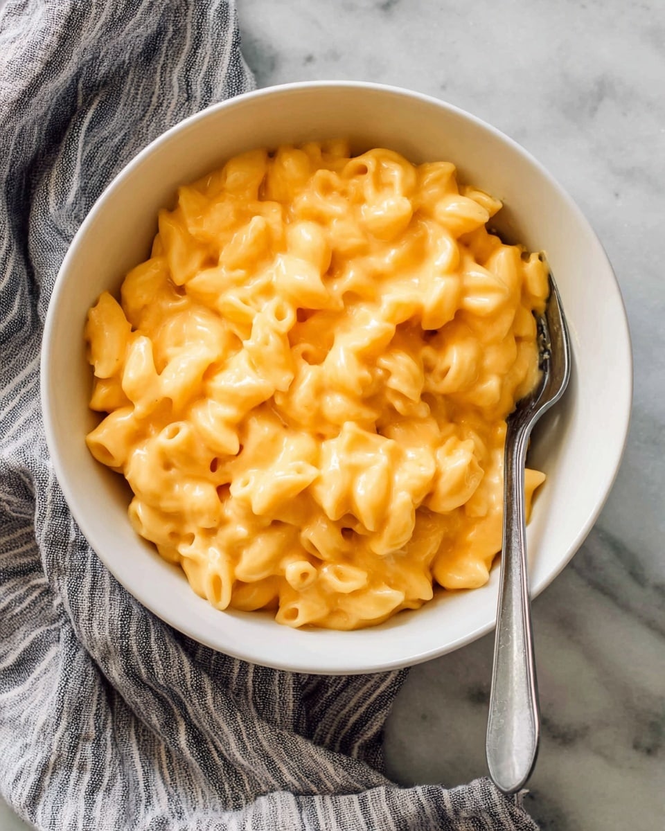 A white bowl filled with soft macaroni pasta covered in thick, creamy, orange cheese sauce. The pasta shapes are small and curved, coated evenly with the cheese. A silver fork is placed inside the bowl on the right side, partially covered by the cheesy pasta. The bowl sits on a white marbled surface with a grey and white striped cloth next to it. Photo taken with an iphone --ar 4:5 --v 7