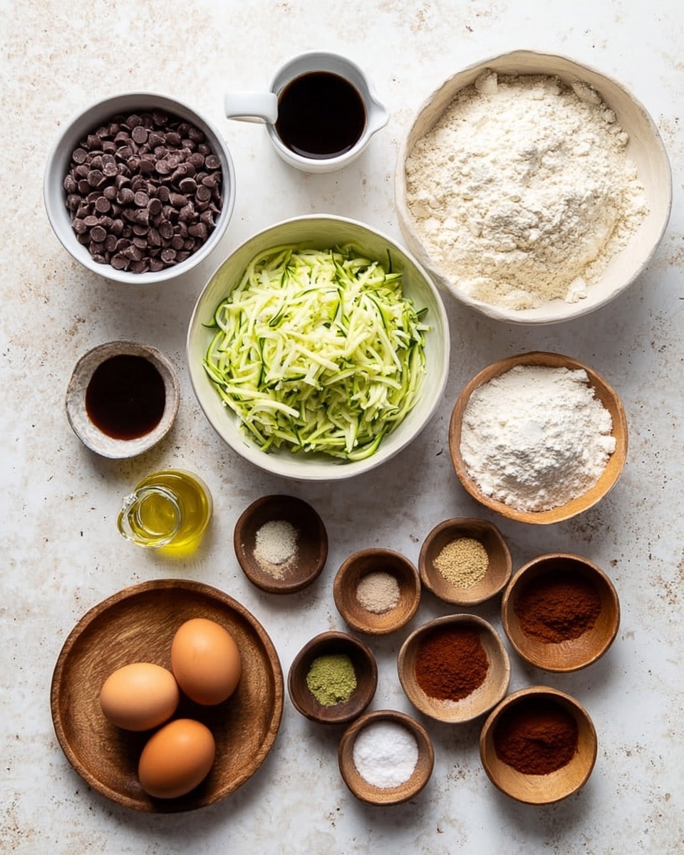 The image shows various baking ingredients arranged neatly on a white marbled texture. From top left, there is a small white bowl filled with chocolate chips, followed by a small white cup filled with dark syrup. Below them is a white bowl filled with shredded green zucchini. To the right is a white bowl full of pale flour with a small mound in the center. Around these main bowls are small wooden bowls containing various spices and powders in shades of brown, white, and reddish-brown. At the bottom left, two brown eggs and a small container of dark vanilla extract sit on a wooden plate. There is also a small glass jug filled with yellow oil near the center bottom. The ingredients create a colorful and textured display all spread out on the white marbled surface photo taken with an iphone --ar 4:5 --v 7
