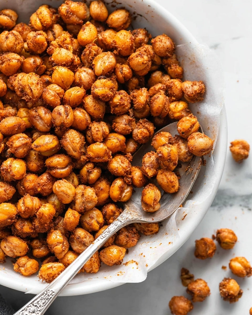A close-up view of a white, shallow bowl filled with crispy roasted chickpeas that are golden brown with a spice coating giving texture spots, some chickpeas look slightly cracked revealing a soft inside. A silver spoon with a decorative handle rests inside the bowl, scooping some chickpeas. A few chickpeas are scattered outside on a white marbled surface, adding detail to the scene. The lighting highlights the crisp texture and warm tones of the chickpeas, creating a cozy and inviting look. photo taken with an iphone --ar 4:5 --v 7